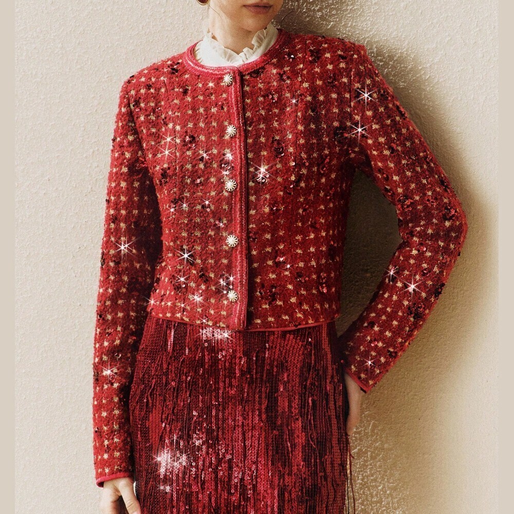 Red / Gold Metallic Jacquard Button Front Cropped Jacket Round Neck